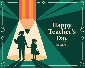 Happy teacher s day illustration with teacher and student under a spotlight pencil