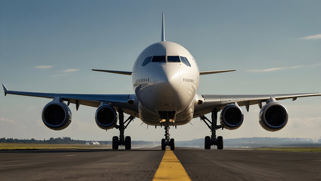 A commercial airplane is preparing for takeoff on the runway