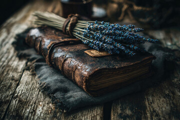 Vintage leather journal dried lavender rustic wood table antique book nostalgic mood natural light textured fabric cozy atmosphere old paper artistic still life