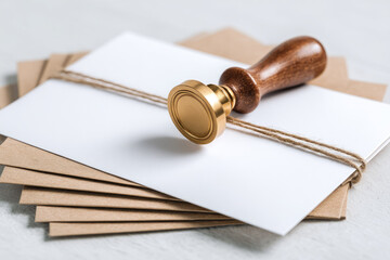 Minimalist stationery flat lay with blank white envelope, brown kraft paper, twine, and elegant gold wax stamp, creating clean and sophisticated mood for invitations or correspondence