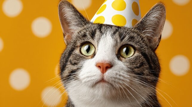 A tabby cat wearing a polka dot party hat against a yellow background with white dots, looking curiously ahead.