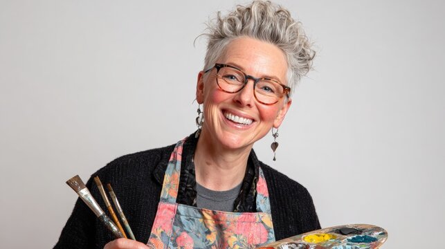 Smiling artist with gray hair and glasses holds paintbrushes and palette, wearing a colorful apron against a neutral background.