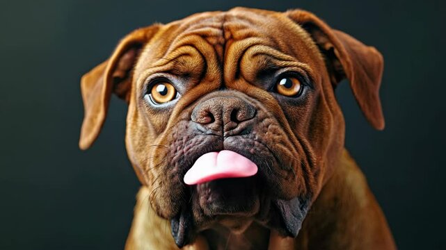 Facial expression of a brindle bulldog giving a stern and assertive gaze, with a close-up focus that highlights the dog's distinct features.