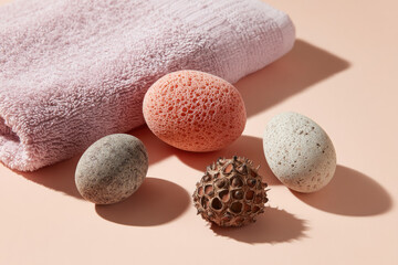 Textured arrangement of sensory objects including sponge, seed pod, and stone on pastel background with soft towel, creating calm and natural spa atmosphere