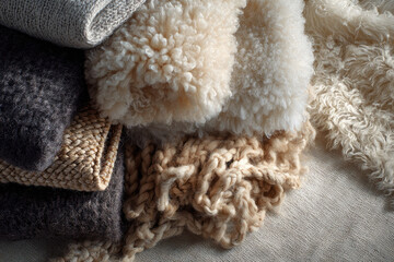 Cozy tactile textures wool felt shearling blanket knit fabric soft warm neutral color top view