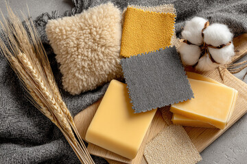 Soft wool pillow, yellow and gray fabric swatches, natural cotton, wheat, and beeswax bars arranged on wooden board, cozy tactile textures, warm neutral tones