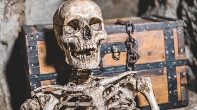 A human skeleton sits in front of an old wooden treasure chest with chains, creating a spooky and mysterious atmosphere.