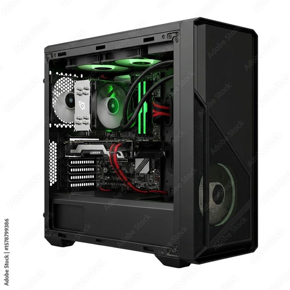 Fototapete open computer tower with internal components and green lighting isolated on transparent background