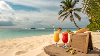 Two refreshing tropical cocktails sit on a wooden table on a sandy beach