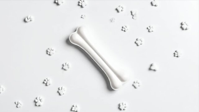 White dog bone with paw prints on a clean white background