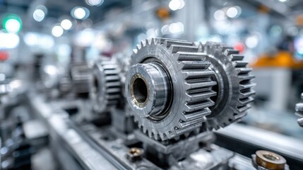 Fototapeta premium Close-up of metallic gears in a machinery setting, showcasing industrial engineering with a blurred background highlighting mechanical precision.