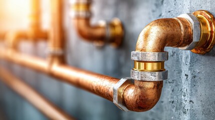 Close-up of copper pipes with connectors on a concrete wall, illuminated by warm sunlight, showcasing industrial plumbing and construction materials.