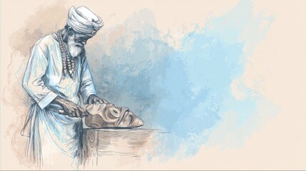 An elderly artisan meticulously crafts a mask