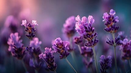 Obraz premium Close-up of vibrant purple lavender flowers in soft focus with a warm, glowing background.