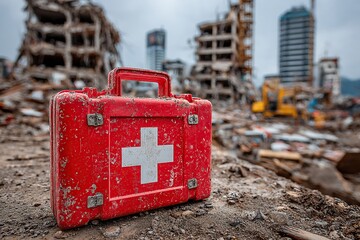 Red first aid kit on concrete in front of urban disaster scene with collapsed buildings and debris, symbolizing emergency response, survival, and crisis preparedness in muted tones.