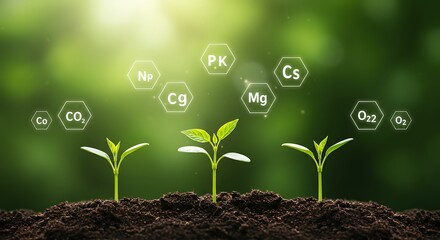 A shallow depth of field captures tender young plants breaking through the surface of dark earth. macronutrients (N, P, K), micronutrients (e.g., Mg, S), and basic elements (H2O, CO2) 4