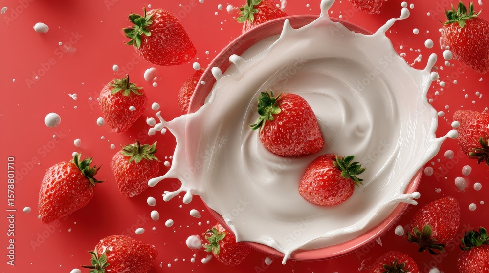 Wall mural fresh strawberries splashing into a bowl of creamy milk on a vibrant red background, creating a dyna