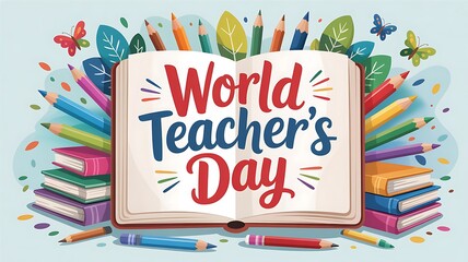 World teachers day celebration with open book colorful pencils and butterflies