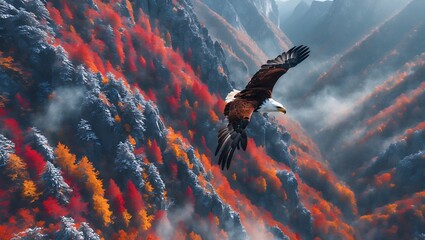 Eagle soaring over colorful autumn forest in misty mountain landscape
