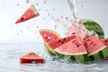 Floating Watermelon Pieces Splashing into Water – Isolated Juicy Fruit Photography