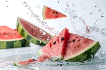 Watermelon Slices Splashing in Clear Water – Fresh Summer Fruit Concept for Design