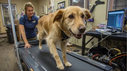 Dog Receiving Rehabilitation on Treadmill With Veterinary Guidance in a Clean Upper Space