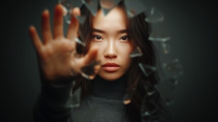 Woman reaching through shattered glass, focused expression, dark background.