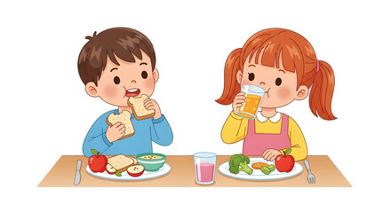 Young children enjoying a nutritious meal together featuring bread, fruit, juice, and vegetables, demonstrating healthy eating habits and a balanced diet for a growing child.