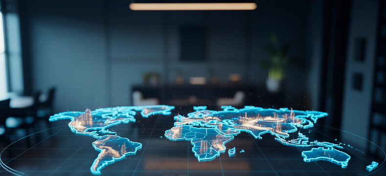 Interactive 3D holographic world map displayed in a modern office setting during daytime