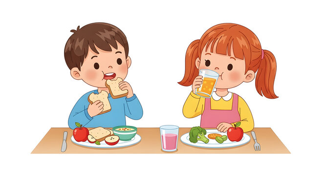 Young children enjoying a nutritious meal together featuring bread, fruit, juice, and vegetables, demonstrating healthy eating habits and a balanced diet for a growing child.
