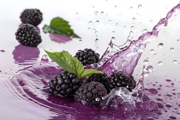Fresh Blackberries with Mint in Purple Juice Splash – Isolated on White for Food Design