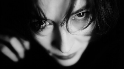 Fototapeta premium Black and white close-up portrait of a person with intense eyes and dark hair, conveying a mysterious and dramatic mood.