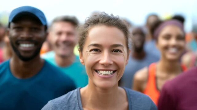Energetic participants joyfully sprinting in a colorful marathon race. - Powered by Adobe