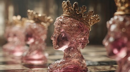 Obraz premium Glass busts with ornate crowns on a chessboard, reflecting light in a luxurious setting.