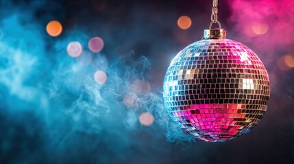 A shimmering disco ball hangs amidst colorful smoke and bokeh lights, creating a vibrant party atmosphere.