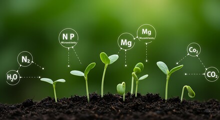 A shallow depth of field captures tender young plants breaking through the surface of dark earth. macronutrients (N, P, K), micronutrients (e.g., Mg, S), and basic elements (H2O, CO2) 7