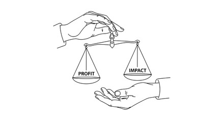 Minimalist line art of balance scale held by hands, profit and impact comparison, social entrepreneurship concept, business ethics, value-driven leadership illustration