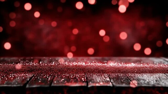 Elegance in Crimson: A captivating composition of a wooden table bathed in a rich, red glow, and illuminated by floating bokeh effects creating a dreamy and romantic scene.