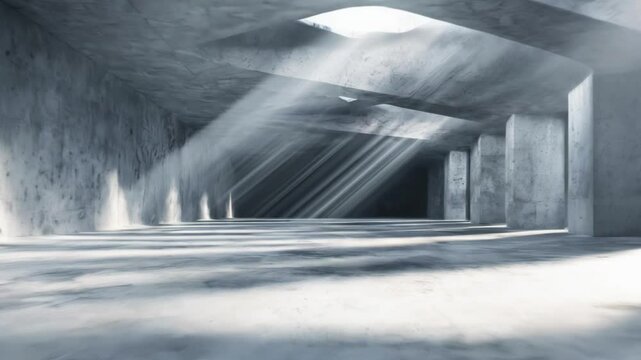 Flying through concrete hall with dramatic light rays