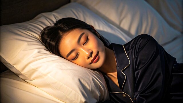 Peaceful young woman sleeping comfortably in bed with white pillow and navy blue pajamas at night
- Powered by Adobe