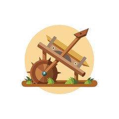 Medieval Catapult: A simple, stylized depiction of a medieval catapult, ready for launching. Against a backdrop of a sun-like shape