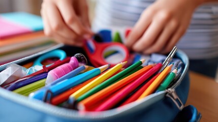 Organizing school supplies classroom educational content bright environment close-up view back to school concept