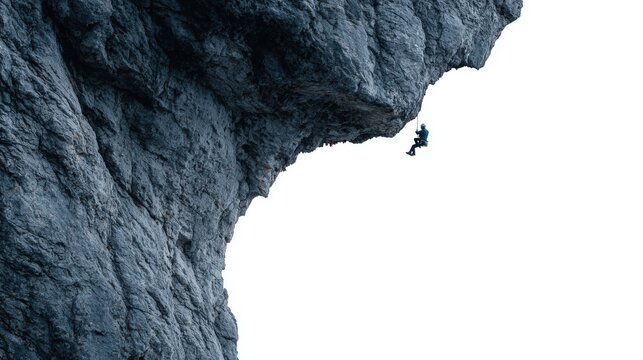 A climber ascends a steep rock face, suspended against a stark white sky, showcasing adventure and challenge in a minimalist landscape.