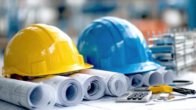 Yellow and blue hard hats rest on rolled architectural blueprints, accompanied by a calculator and a utility knife, symbolizing construction planning.