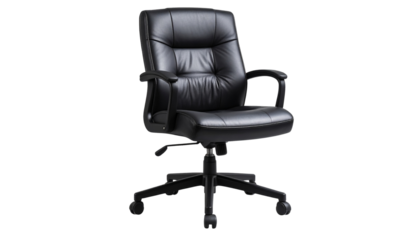 A black leather office chair isolated on white and transparent background form