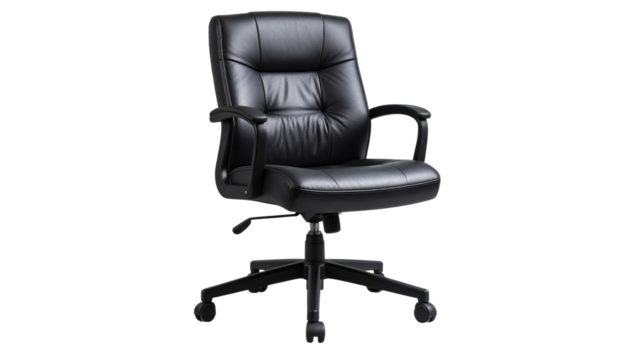 A black leather office chair isolated on white and transparent background form