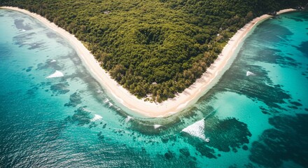 Tropical Island with Lush Forest and V-Shaped Beach in Clear Turquoise Water