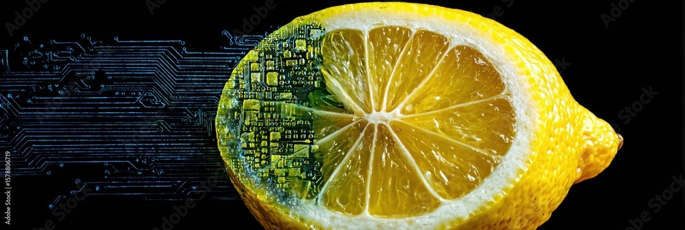 Poster half lemon with digital circuit texture conveys the fusion of nature and technology in a conceptual 