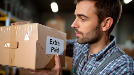 Male adult worker in warehouse holding cardboard box labeled extra paid, logistics and shipping storage facility scene - Powered by Adobe