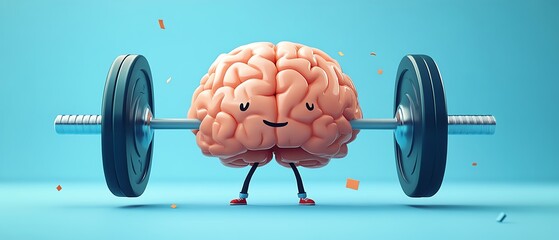 Cute brain lifting weights.  Concept of brain health, mental fitness, and cognitive power.